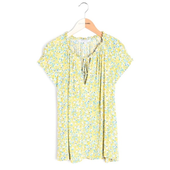 Gerard Darel Paris Floral Peasant Blouse Yellow Blue Print Size 10 - Picture 1 of 16